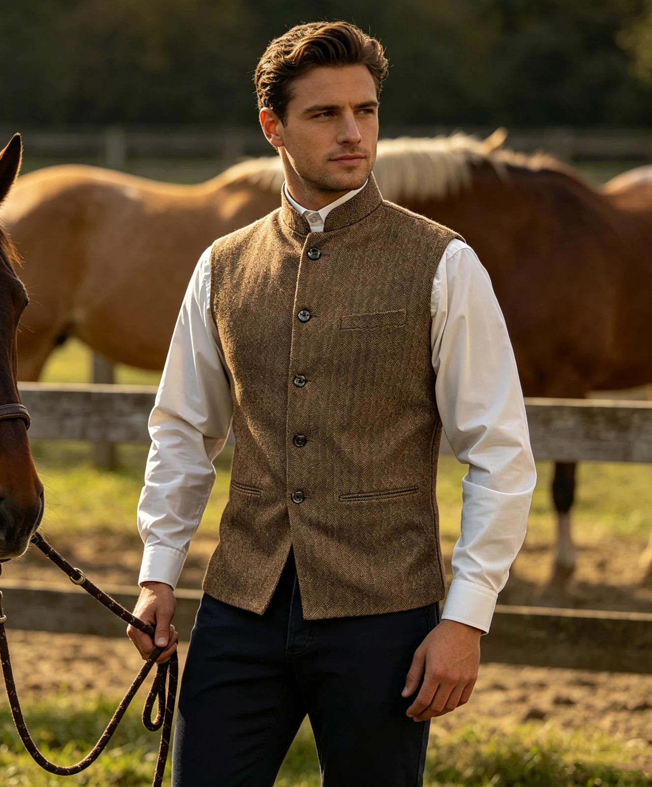 Mens Suit Tweed Vest Stand Collar Single Breasted Herringbone Sleeveless Waistcoat Casual Business Wedding Party Outerwear Gilet 260917