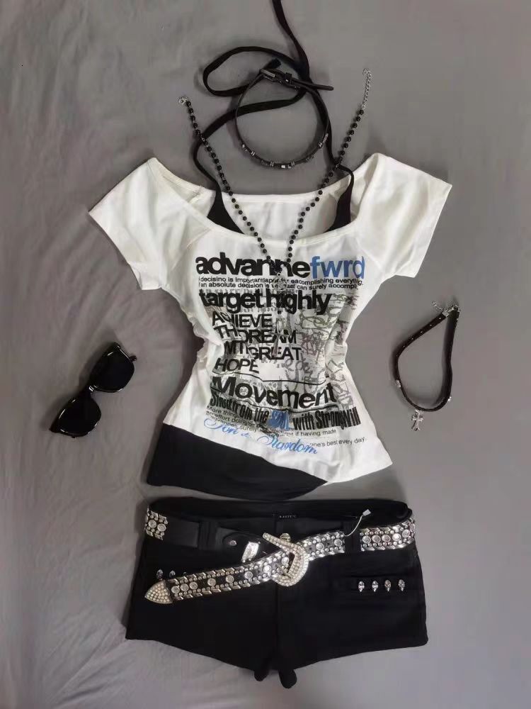 Subculture Y2K Millennial Hot Girl American Retro Letter Print Halter Neck T-Shirt Women's Faux Two-Piece Short Sleeve Top 25