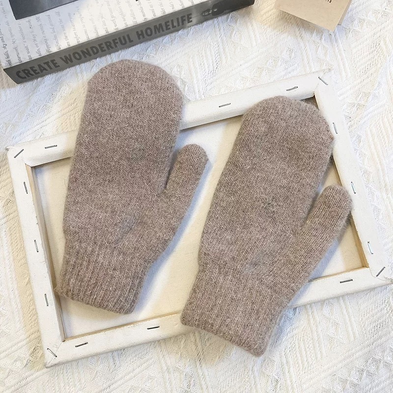 Rabbit Fur for Women Korean Version Versatile Solid Color Knitted Full Finger Fleece Lined Thickened Winter Warm Couple Cold-Proof Gloves