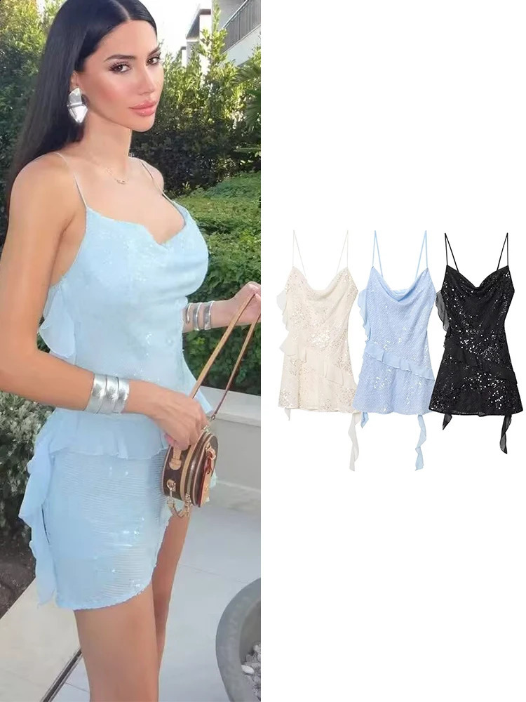 TFMLN Women Sequins Sling Tiered Short Dress High Street Temperament Slim Fit Partywear Elegant Shinny Mini Dresses Lady 260917