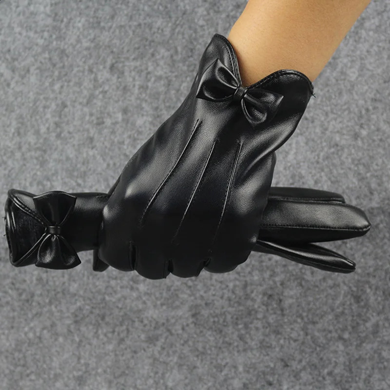 High Quality Leather Female Fashion Winter Warm Black Bow Cycling Gloves Women Driving Touch Phone Screen Glove Mittens B7260915