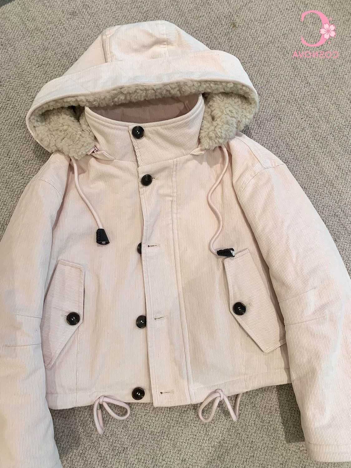 Hooded Pink Sweet Coquette Corduroy Parka Women Cropped Sherpa Lined Drawstring Hem Warm Winter Coat Casual Outfit 2026 H260917
