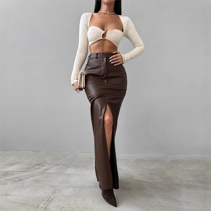 Jupe longue fendue en cuir PU pour femmes, taille haute, couleur unie, coupe cintrée, crayon, Streetwear décontracté formel S M L