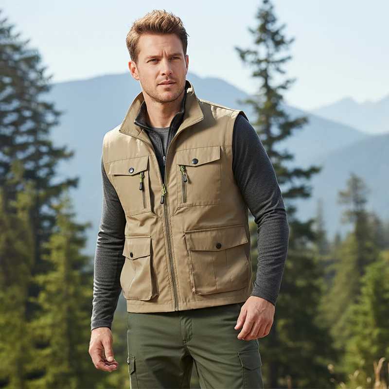 Men's Waterproof Sveless Waistcoat Thin Vertical Collar Breathable Quality Jacket Multi-Pocket Vest for Fishing Photography Q260917