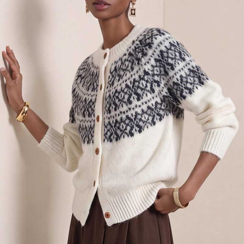 Print Jacquard Knit Women Cardigans Casual Crew Neck Long Sleeve Wooden Button Top Retro Loose Fall Winter Knitted Sweater Coats J260916