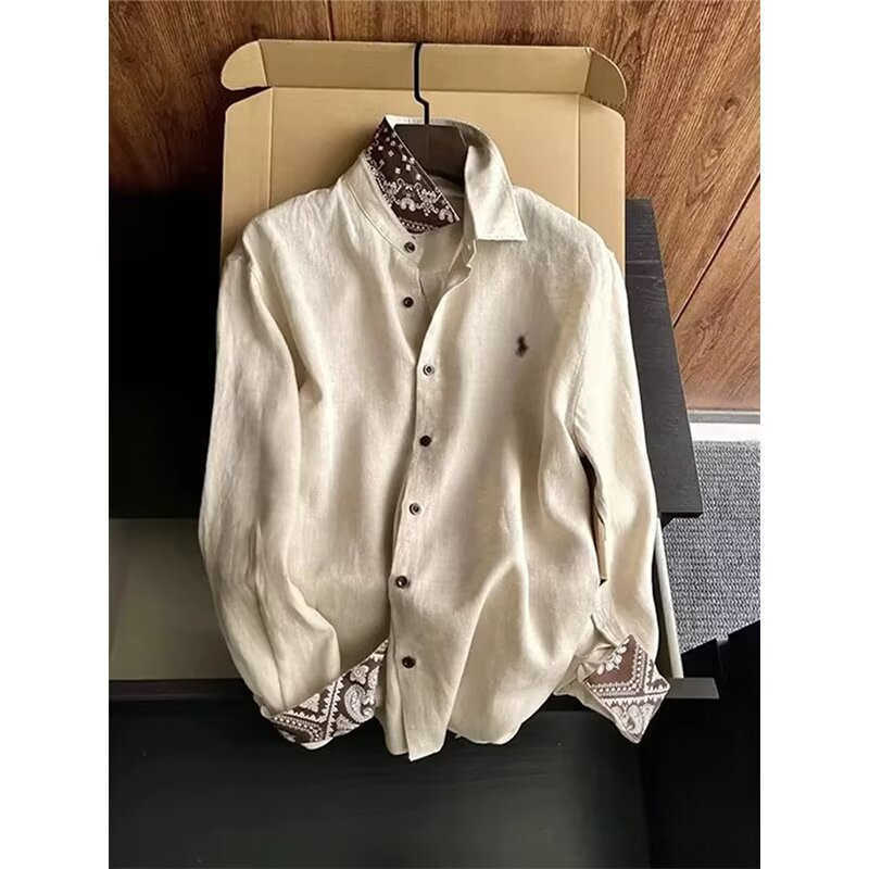 Khaki Paisley Pattern Cotton-Linen Men's Long-Sleeve Shirt 2026 Spring Lightweight Breathable Cool Sun-Protective Shirt Jacket Q260917