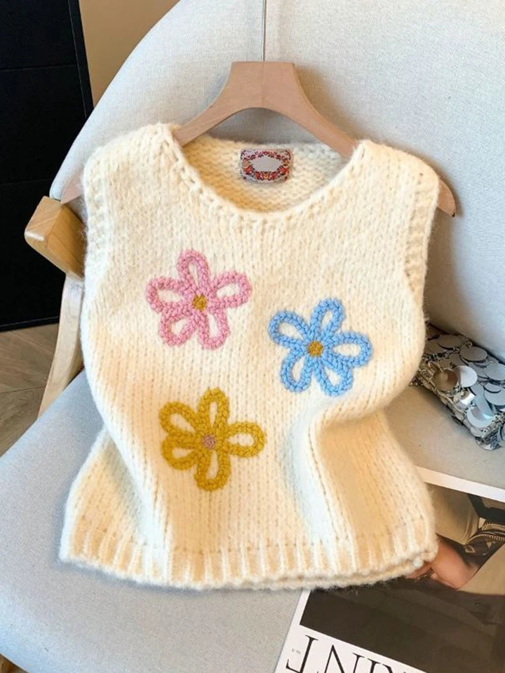 Floral Sweet Knitted Vest Women Cute Fall Preppy Style O Neck Sweater Vintage Slim Female Kawaii Elegant Casual Coats Tops 260916