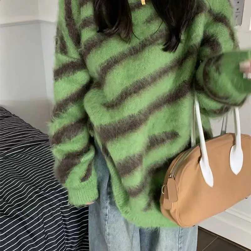 Sweater Oversized Fuzzy Striped Women Autumn Winter Soft Warm Plush Knit Pullover Woman Casual Loose Round Neck Thick Top Female J260916