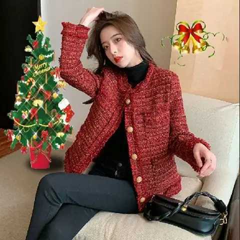 Woolen Fashionable Coarse Red Small Fragrant French Style New Short Loose Temperament Jacket for Women Clothes 2015 C260917
