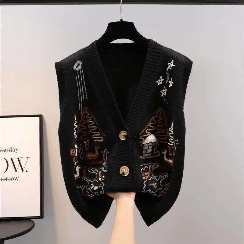 Pattern Knit Vests for Women Sleeveless Classic Knitwear Wool Youthful Clothes Waistcoat Fashion 2025 in Black Lady Sweaters 260916