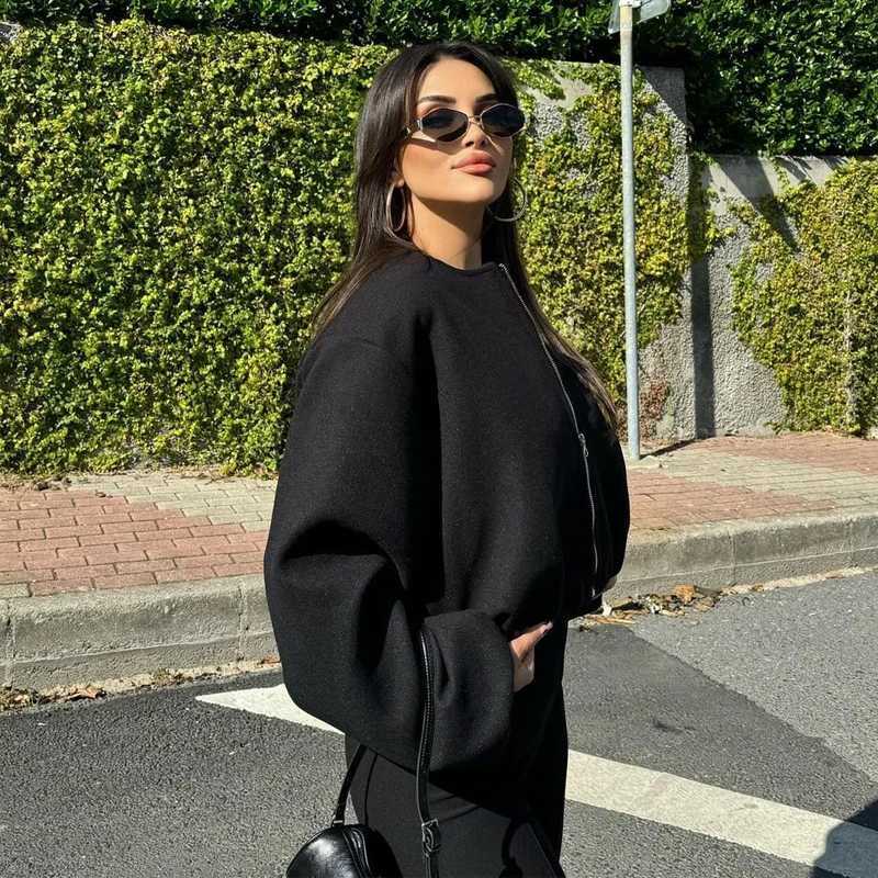 for MUJER Black Bomber Jackets Women Zipper Varsity Jackets Women Soft Cropped Jackets Woman 2025 Long Sleeve Winter Coat Female N260905