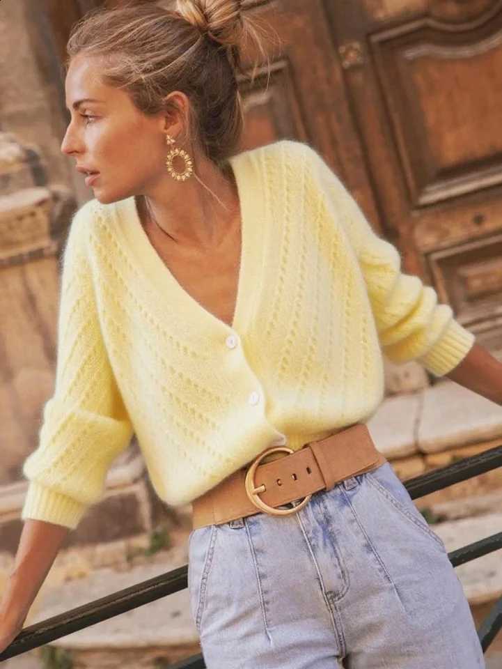 2026 Women's Yellow V-Neck Knitted Cardigan Soft Plush Lazy Style Hollow out Sweater Coat French Gentle Short Outerwear Top X260916