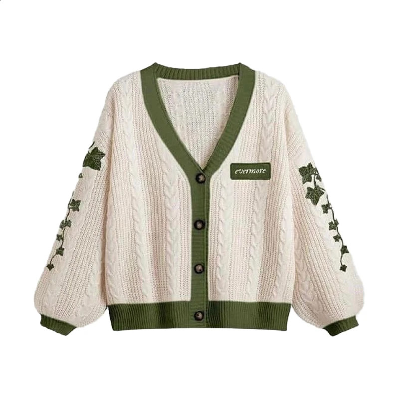Cardigan Taylor Version Green Vine Embroidered Button Down Cable Knit Sweater Women Fall Winter Vintage Outfit 260917