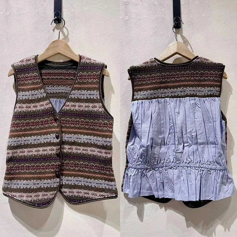 2026 Spring Women Back Stripes Spliced Sweater Vest VNeck Single Breasted Female Retro Jacquard Knitted Cardigan 260914