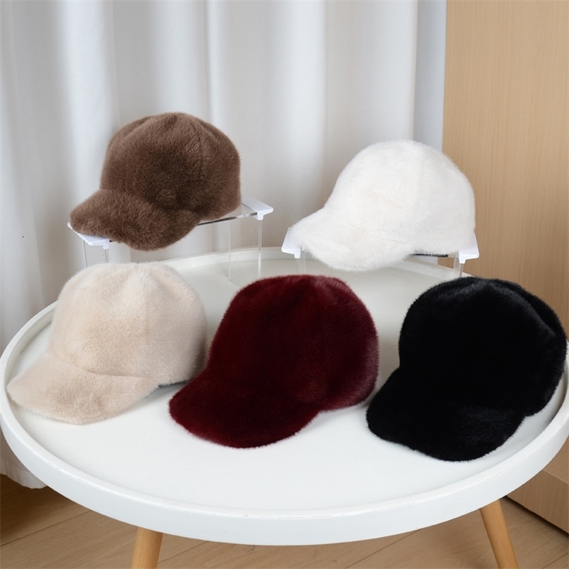 Fashion Solid Color Fluffy Faux Fur Baseball Hat Outdoor for Women's Thick Thickened Cap Men Winter Warm Hats260915ww