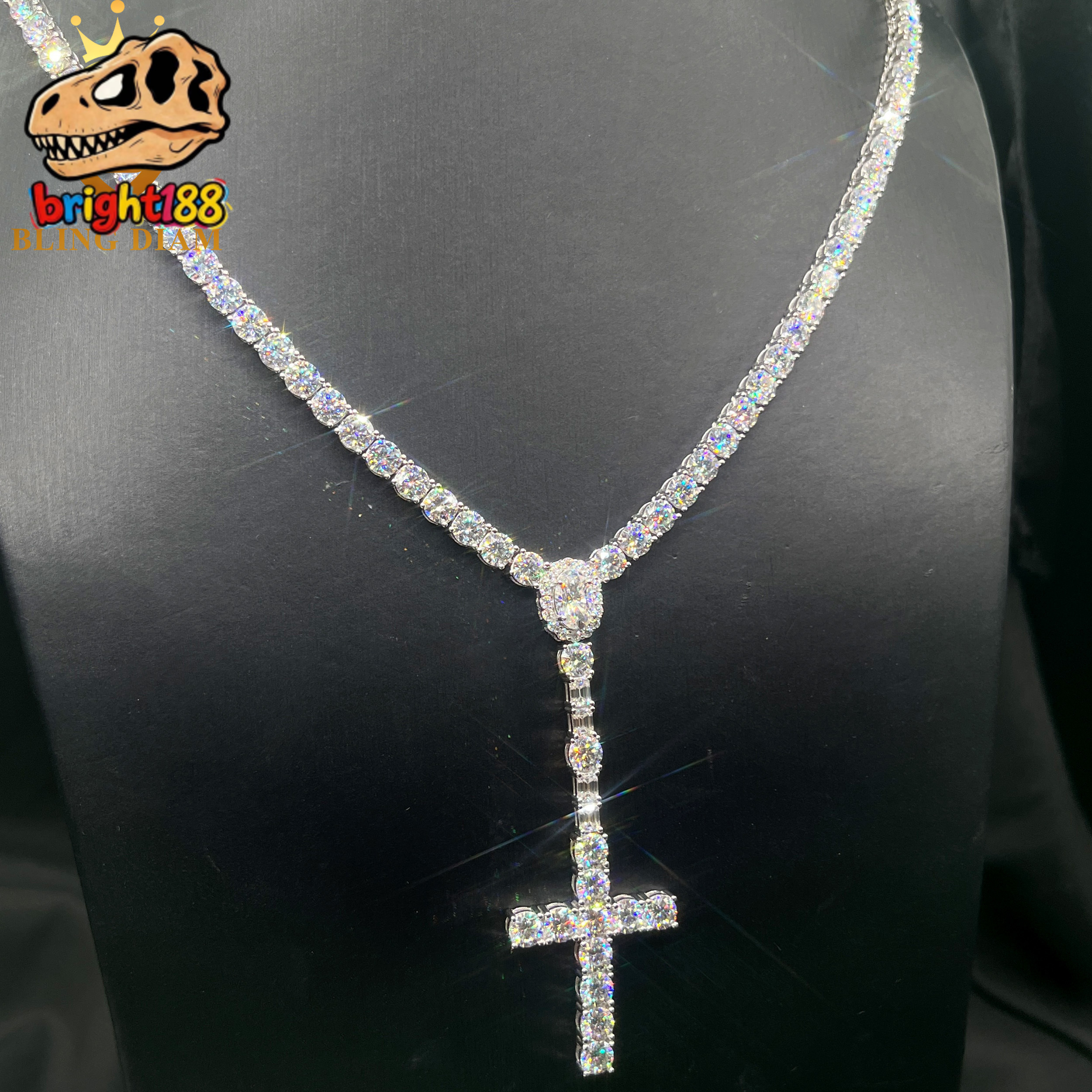 New Design Iced Out VVS Moissanite Tennis Chain Sterling 925 Silver 5mm Tennis Link Chain Necklace Cross Pendant Set Jewelry