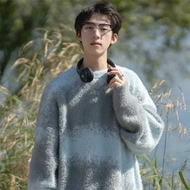 Y2K Vintage Colorblock Fluffy Autumn Crewneck Sweater For Men High Street Fashion Knitted Pullovers Trendy Long Sleeve Jumpers J260916