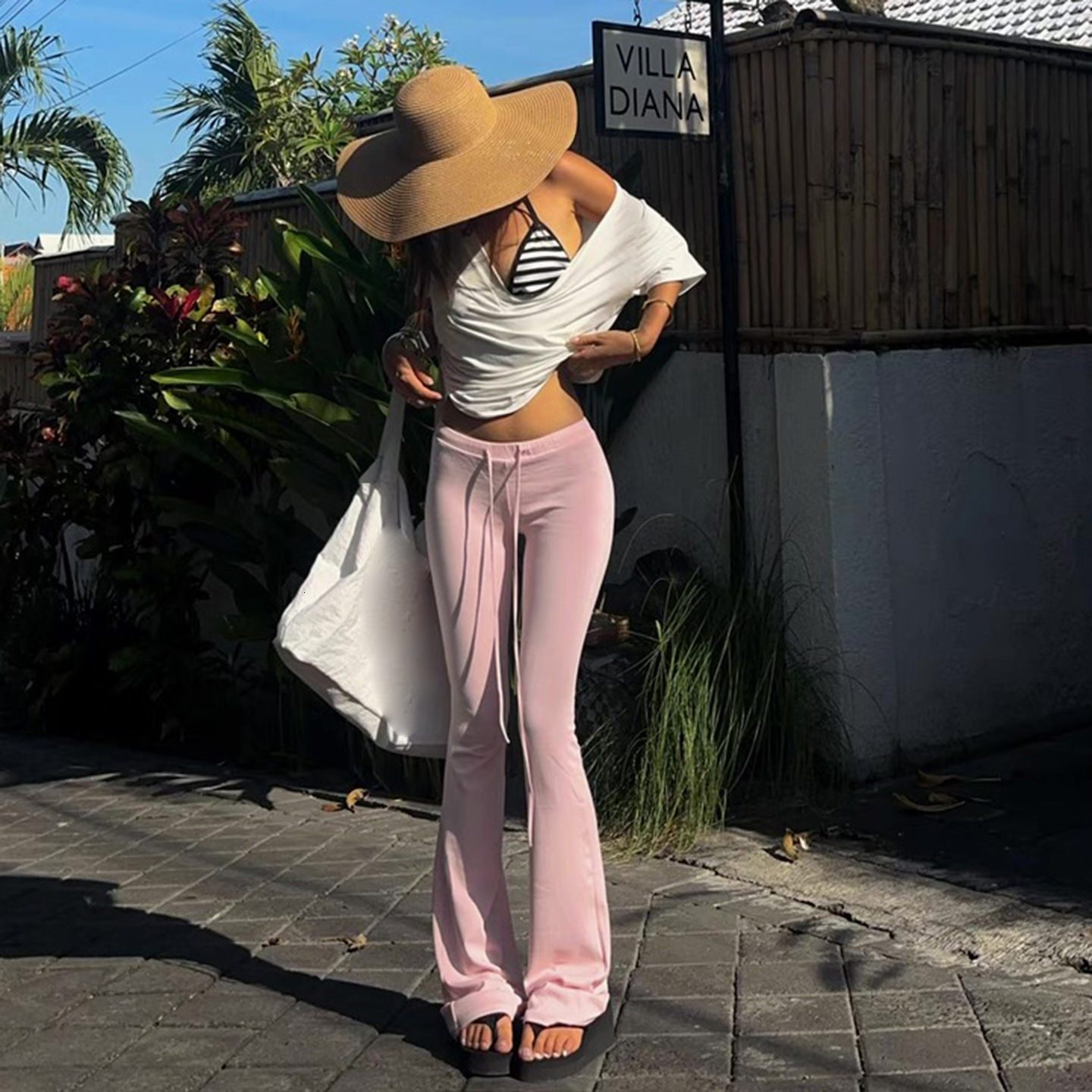 American-style casual long for women, yoga basic fashion sports fitness, comfortable a nude feel, low-waist flared pants with straps ca