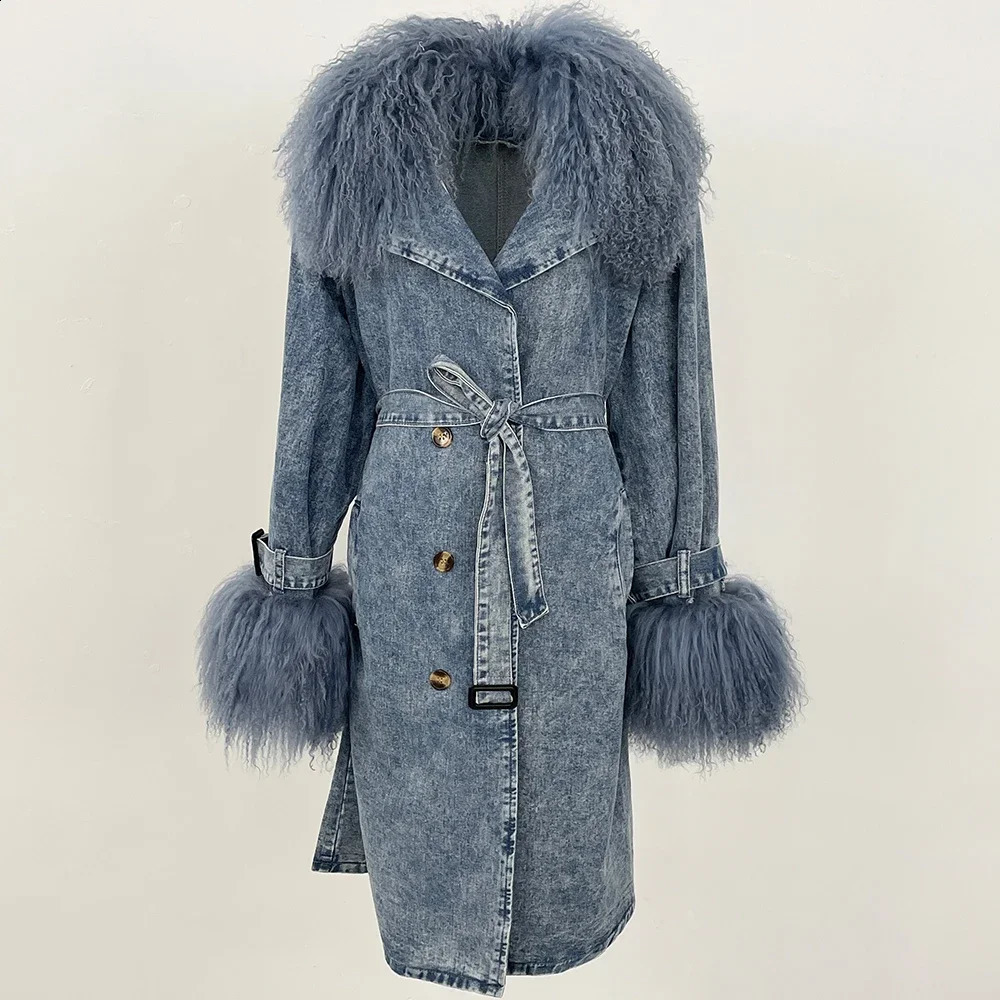 Lady Denim Jacket Fashion Mongolian Fur Collar Autumn Winter 2025 Long Trench Coat Detachable Overcoats 260917