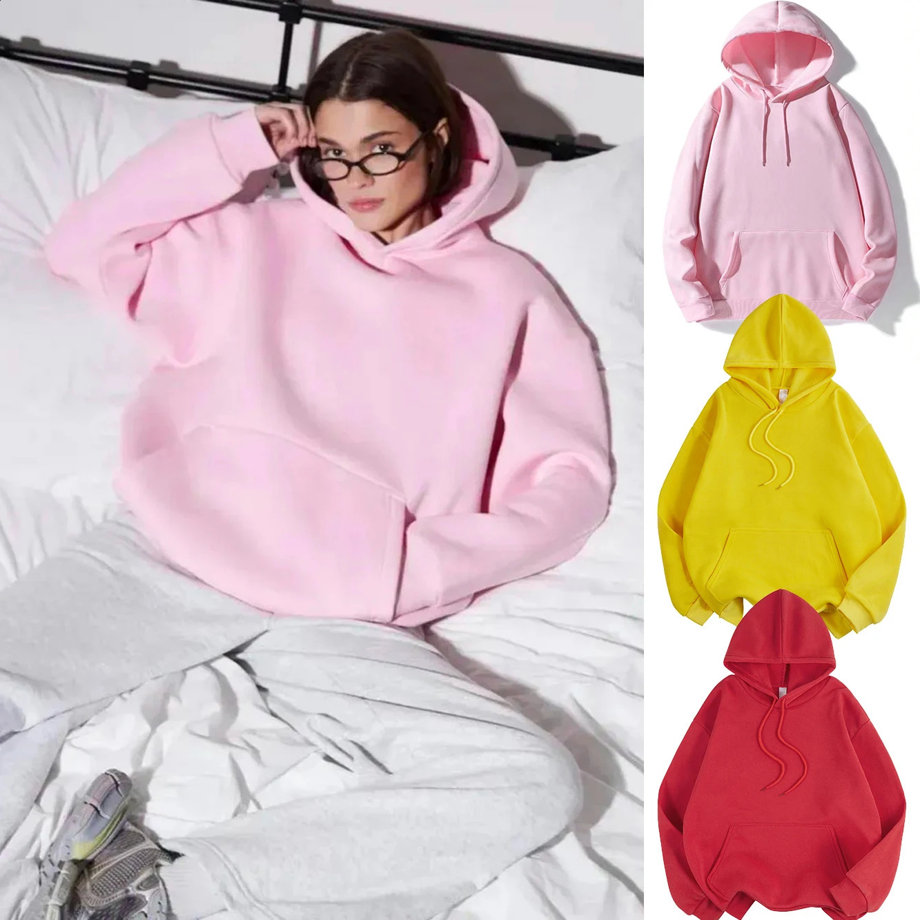 Basic Winter Womens Solid Hoodies Strecth Fleece Comfortable Sweatshirts Loose Pocket Warm Clothes Street Female Pullover 260917