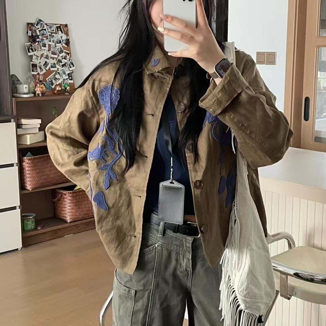 American-style retro color-block floral embroidered loose-fit jacket, versatile outerwear piece both men and women, perfect for autumn, paired with