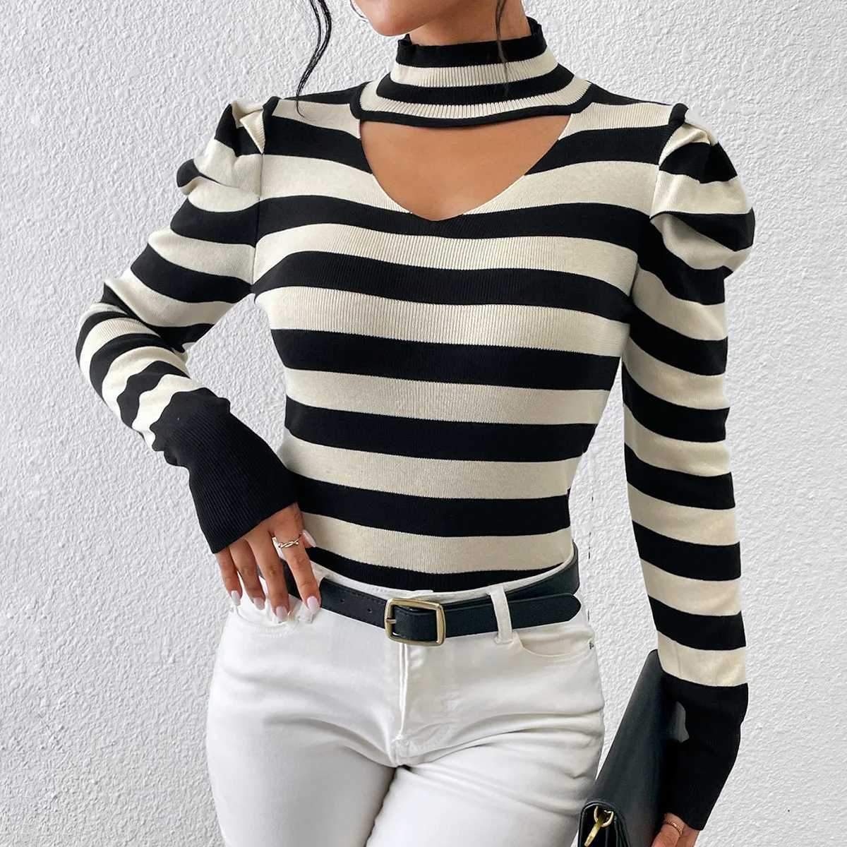 Women's Black White Striped Turtleneck Knit Pullover Sweater Cutout Puff Long Slve Ribbed Stretchy Slim Casual Knit Blouse Top S260917T2AJ