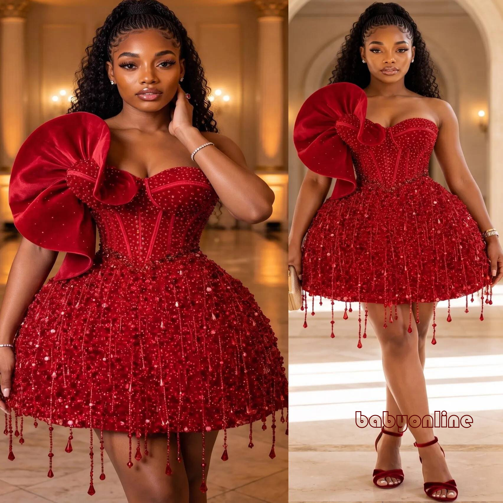 2026 Ball Gown Dark Red Cocktail Dress Beaded Crystals Tassels Sequined One Shoulder Short Mini Graduation Homecoming Dinner Party Holiday Beach Dre