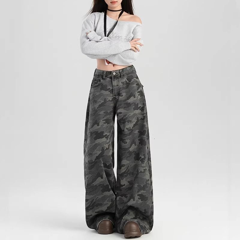 Workwear wide-leg camouflage jeans women, suitable for spring autumn, American street style, retro high-waisted, loose fit, casual and fashionable 0