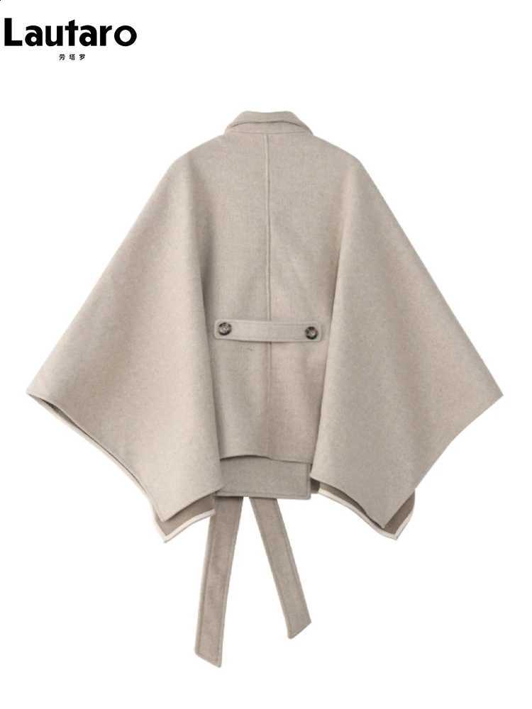 Stylish Lautaro Loose Autumn Winter Short Soft Woolen Capes for Women Tie Waist Vintage Sleeveless Cloak Coat Women 2022 D2609091