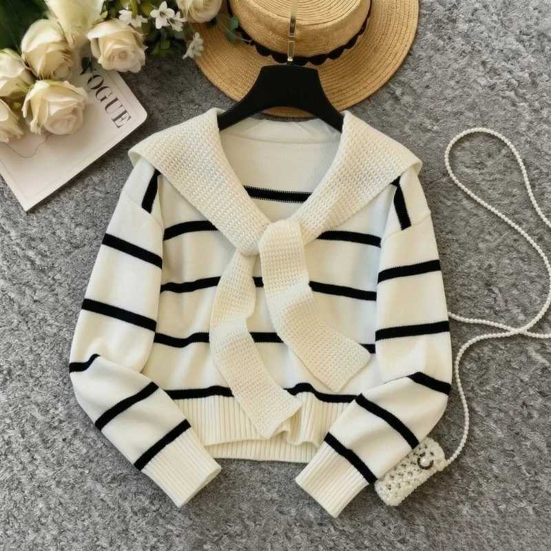 Women White Black Striped Fake Two Piece Knit Pullover Sailor Collar Tie Long Slve Stretch Slim Casual Daily Knit Sweater S260917UEGQ