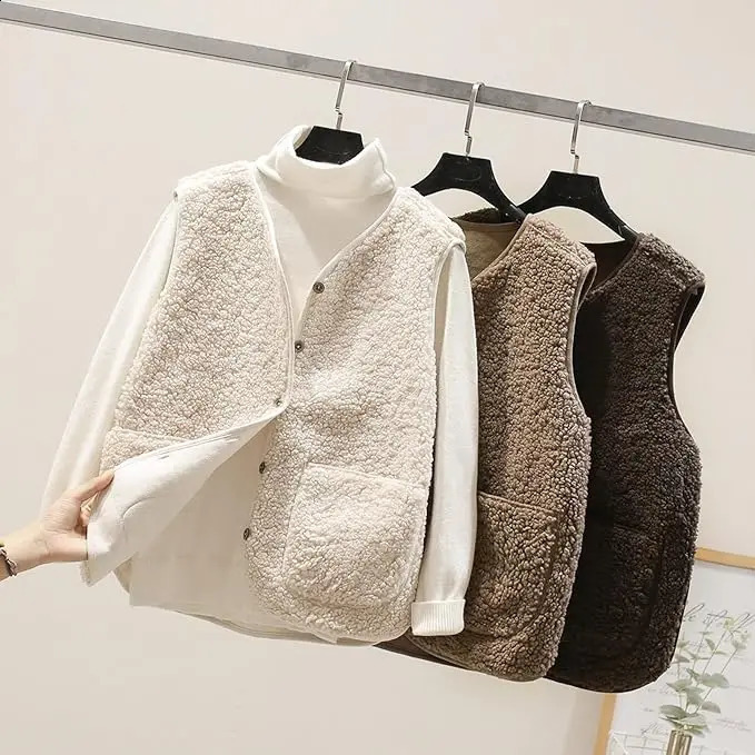 Plus Size Winter Vest for Women Thickened Warm Fleece Lamb Wool Waistcoat Insulated Sleeveless Jacket Cold Weather Outerwear 260917