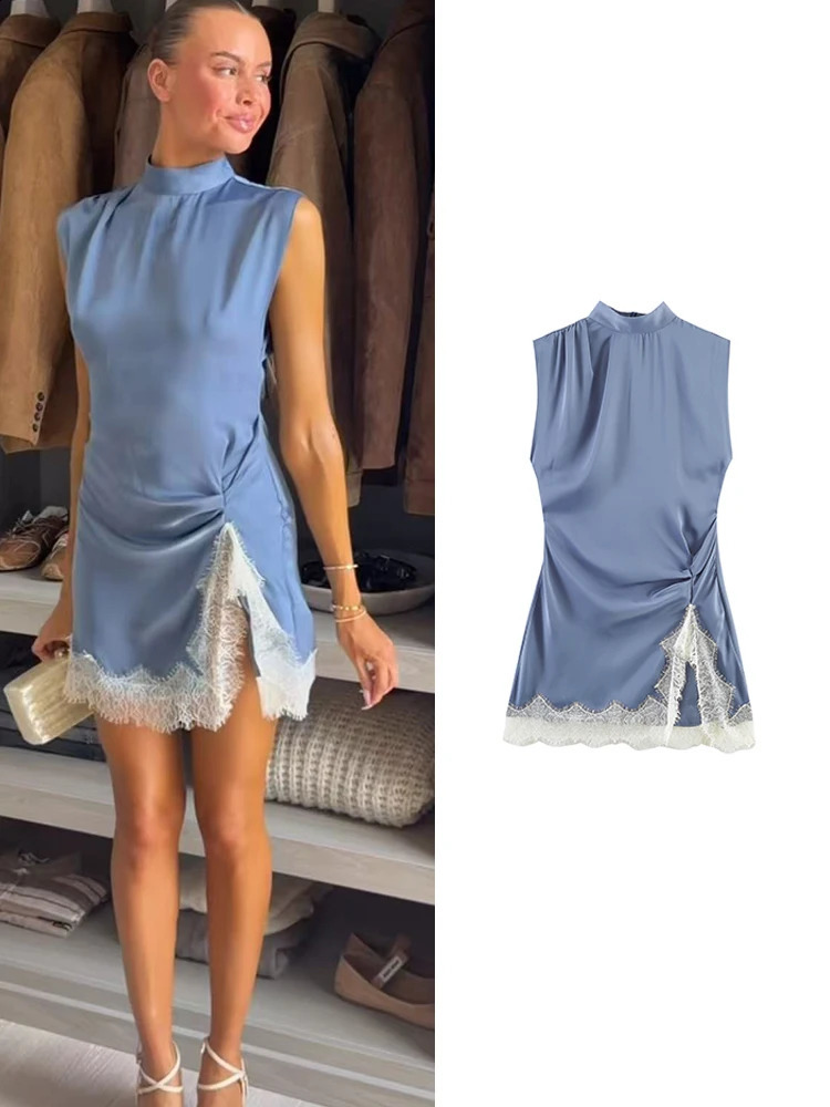 TFMLN Summer Sexy Mini Dress For Women Sleeveless Streetwear Fashion Lace Trim Split Slim Dress Party Elegant Dresses 260917