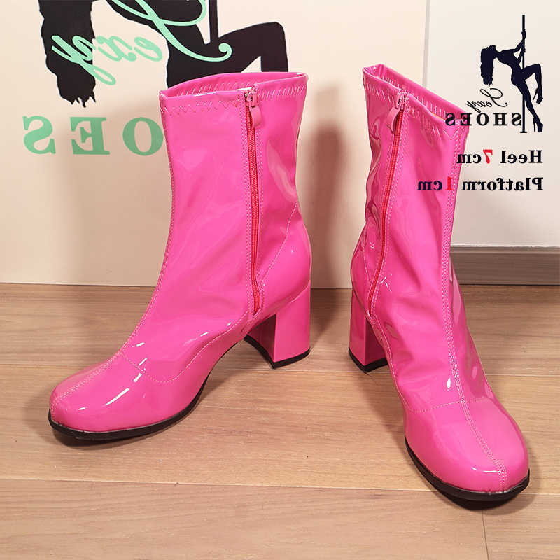 Boots Costumes 60s 70s Go-Go Women 1960s 7cm High-Heeled Square Heel Ankle Boots Round Toe Zip Short Boots Plus Size 46 D260917