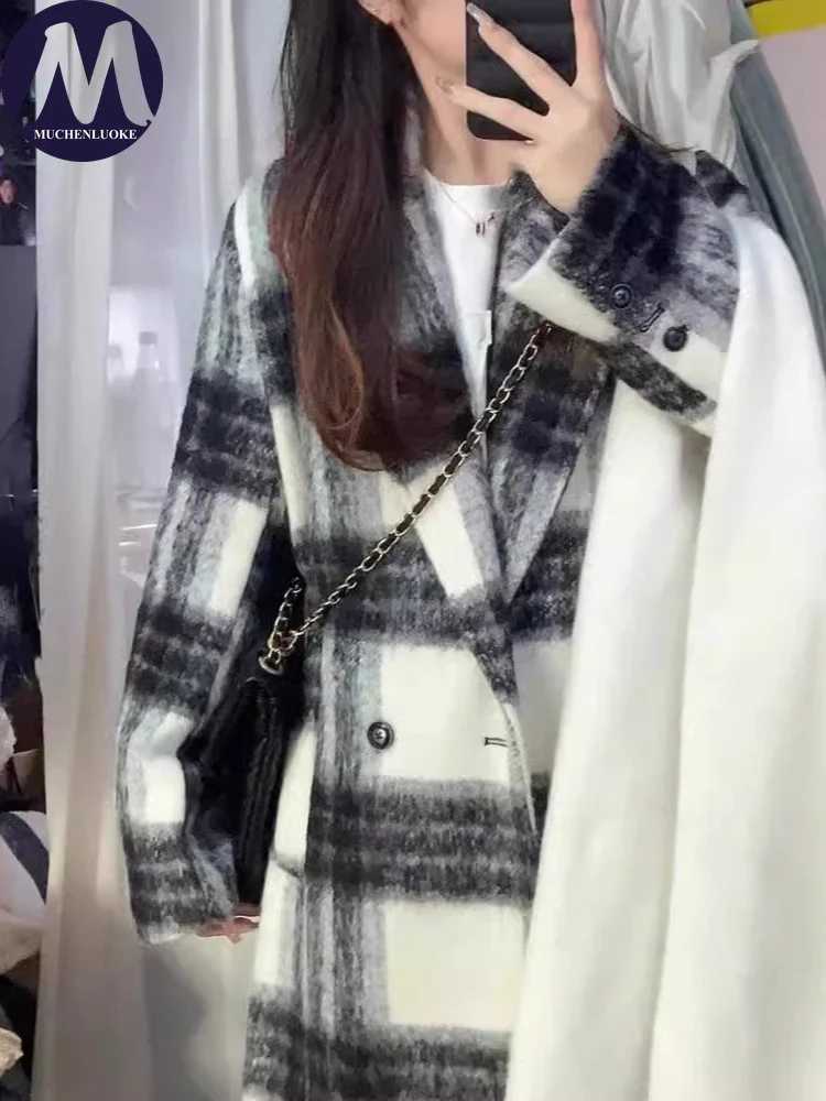Woolen Elegant Grid Coat for Women Long Sleeve Thick Warm Korean Fashion Casual Loose Autumn Winter Jacket C260917