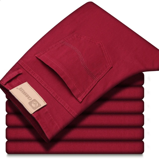 2026 Spring Autumn Wine Red Jeans Men Fashion Casual Classic Style Business Straight Fit Soft Trousers Male Advanced Pants 260917