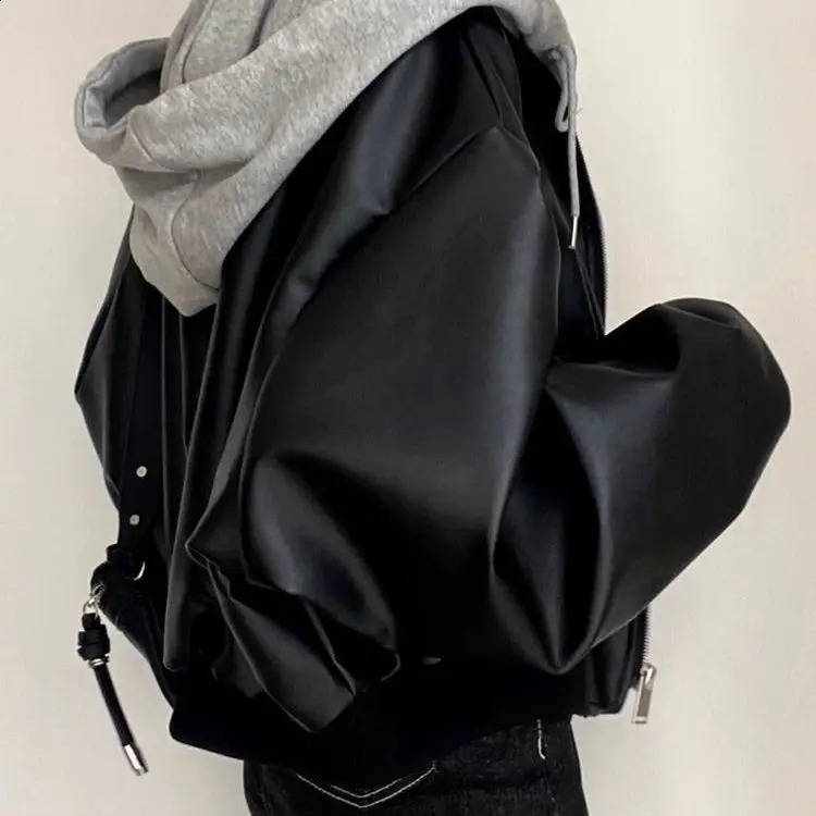 Korean Highend Black PU Leather Jacket Women Fashion Hooded Loose Spring Autumn Zipper TwoPiece Versatile Outerwear 260916