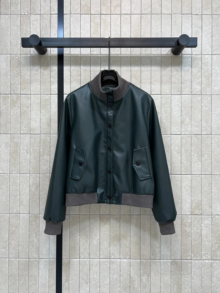 Spring Autumn Fashion Dark Green Vintage Genuine Leather Jacket Women's Stand Collar Patchwork Long Sleeve Diagonal Pockets Coat 260916