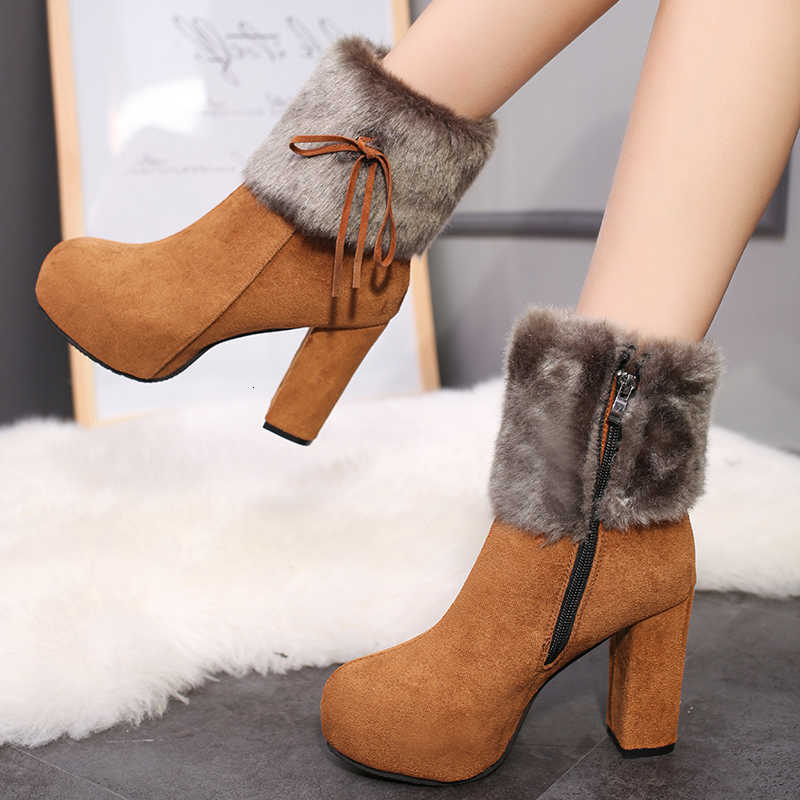 Autumn Women's Boots Bow Short and Winter Side Zipper Thick Sole Warm High Heels D260917