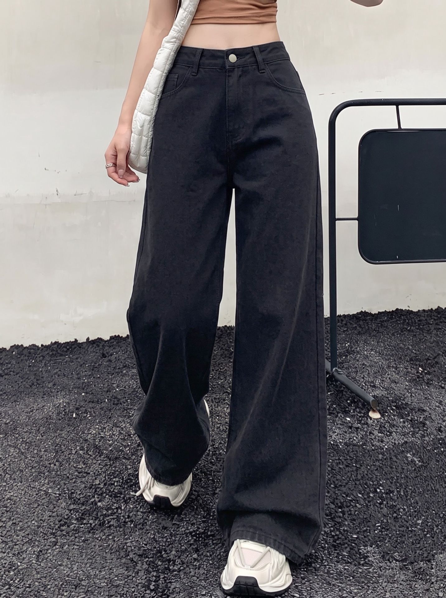 Cross-border supply, elastic-waist wide-leg jeans, black, loose-fitting, floor-length, women's denim pants 0c