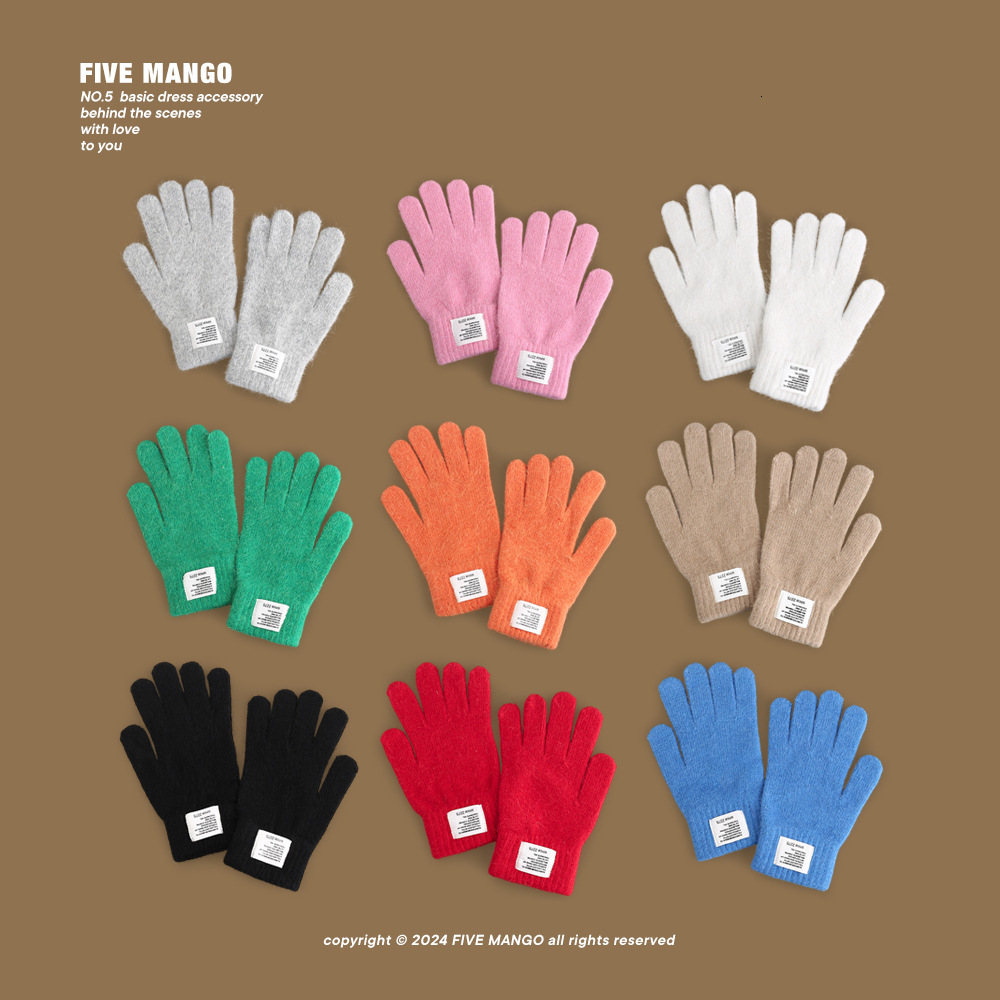 Autumn and winter collection: stylish letter-embossed warm unisex, solid color, plush, five-finger knitted gloves, Japanese-style, popular online