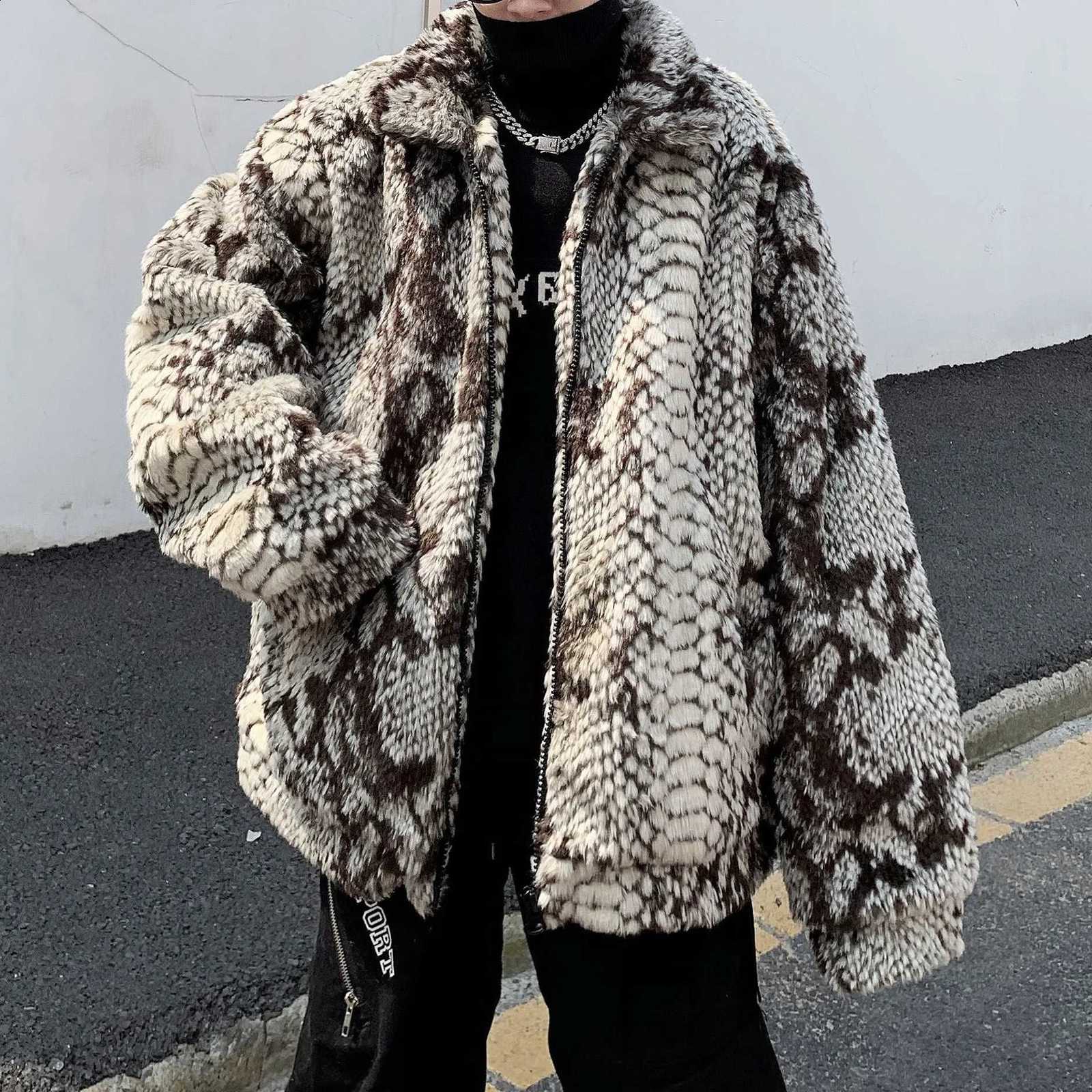 Men Winter Cotton Fashion Clothing Imitation Fur Snake Print Quilted Jacket Lamb Wool Coat Street Retro Jackets for Men Y2k W260915