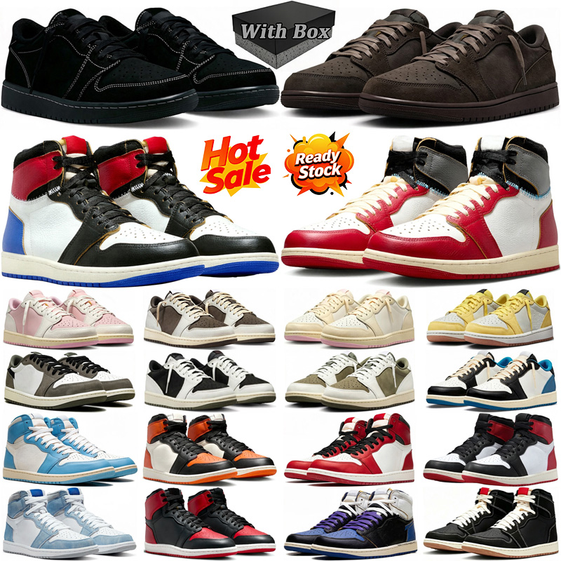 with box designer travis 1 1s high low basketball shoes men women Sail Shy Pink Black Phantom Medium Olive Lost Found Black Toe UNC dh gates mens tr