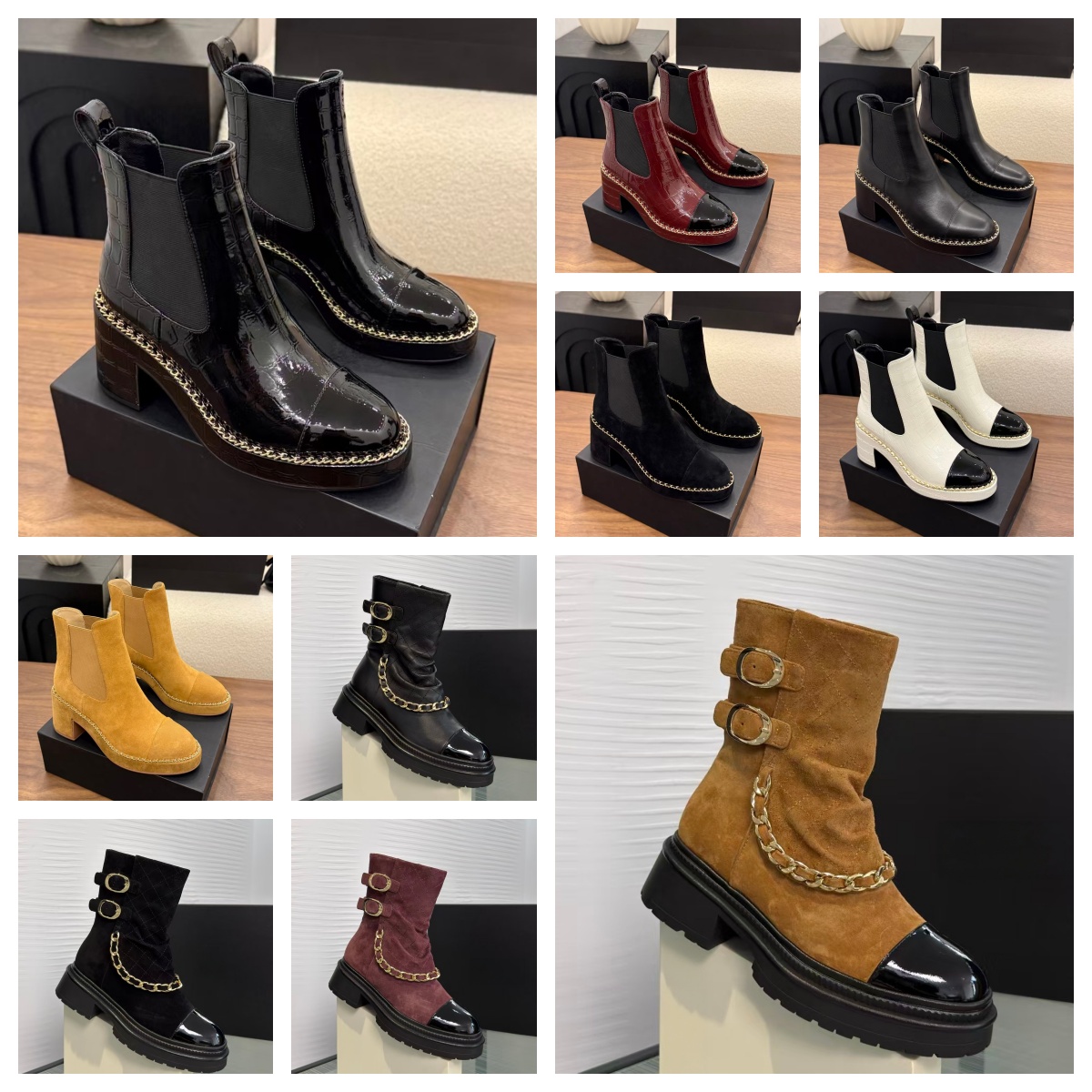 Women Ankle Boots Chelsea Boots Gold Chain Chunky Heel Boots Comfortable and Non Slip Fashionable for Fall Winter Everyday Wear Parties and Street S