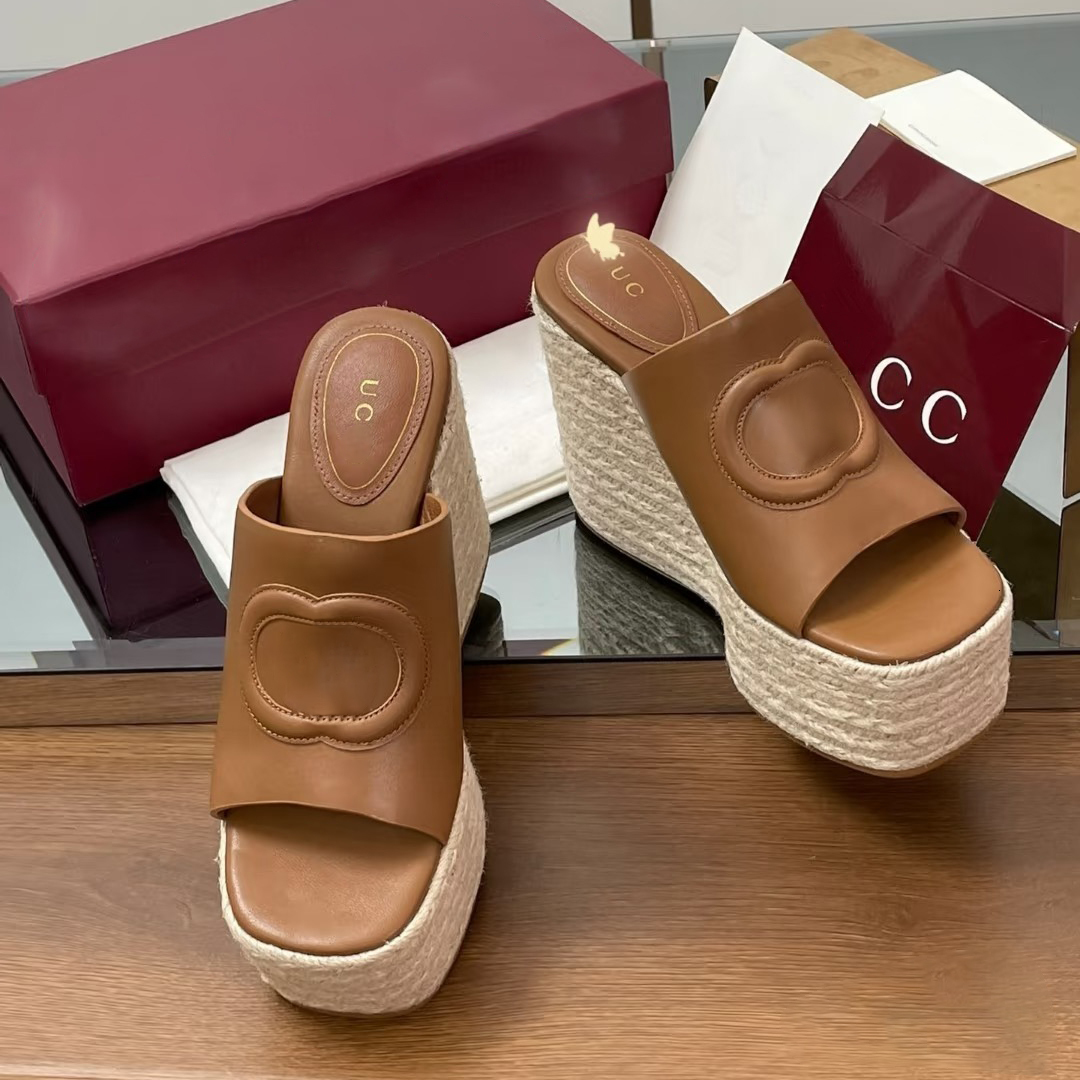 2026ss New 5 colors slide Wedge heel sandal Vacation Summer luxury Designer open toe Home shoe 10A slip on platform G slipper Sexy Leather women Wov