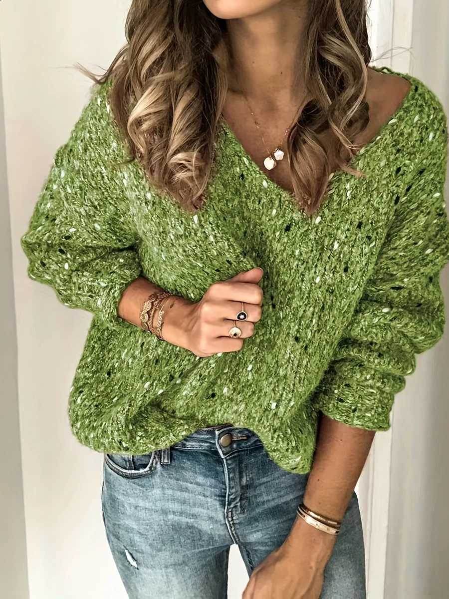 Autumn Winter V Women Neck Knitted Sweater Casual Loose Long Sleeve Pullover Tops Vintage Green Basic Jumper Y2K Chic Knitwear J260916