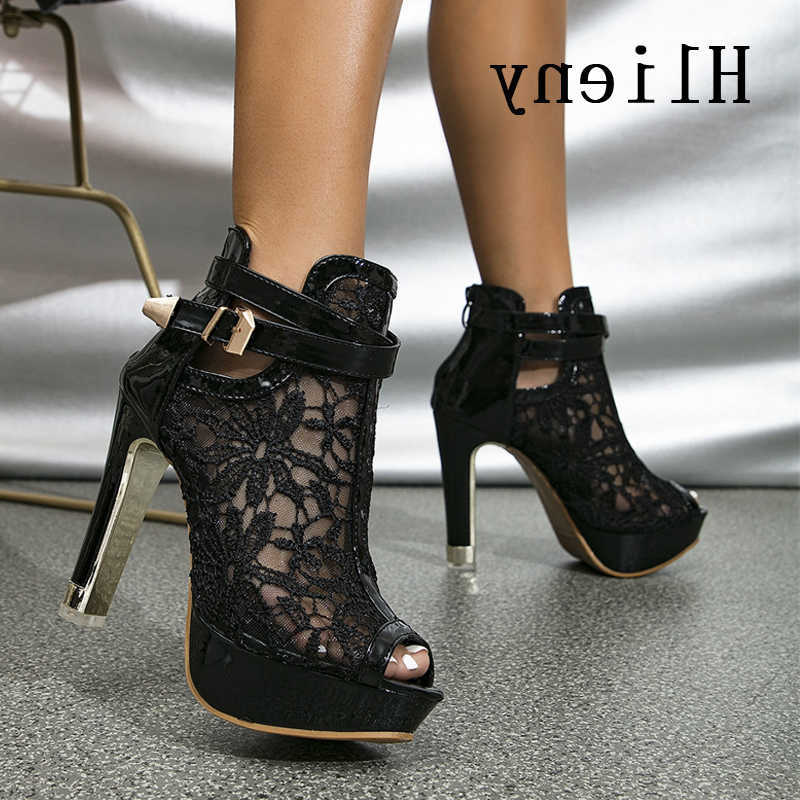 Hlieny Autumn Sexy Mesh Fabric Platform High Heels Boots Sandals Women Peep Toe Nightclub Party Stiletto Female Shoes D260917