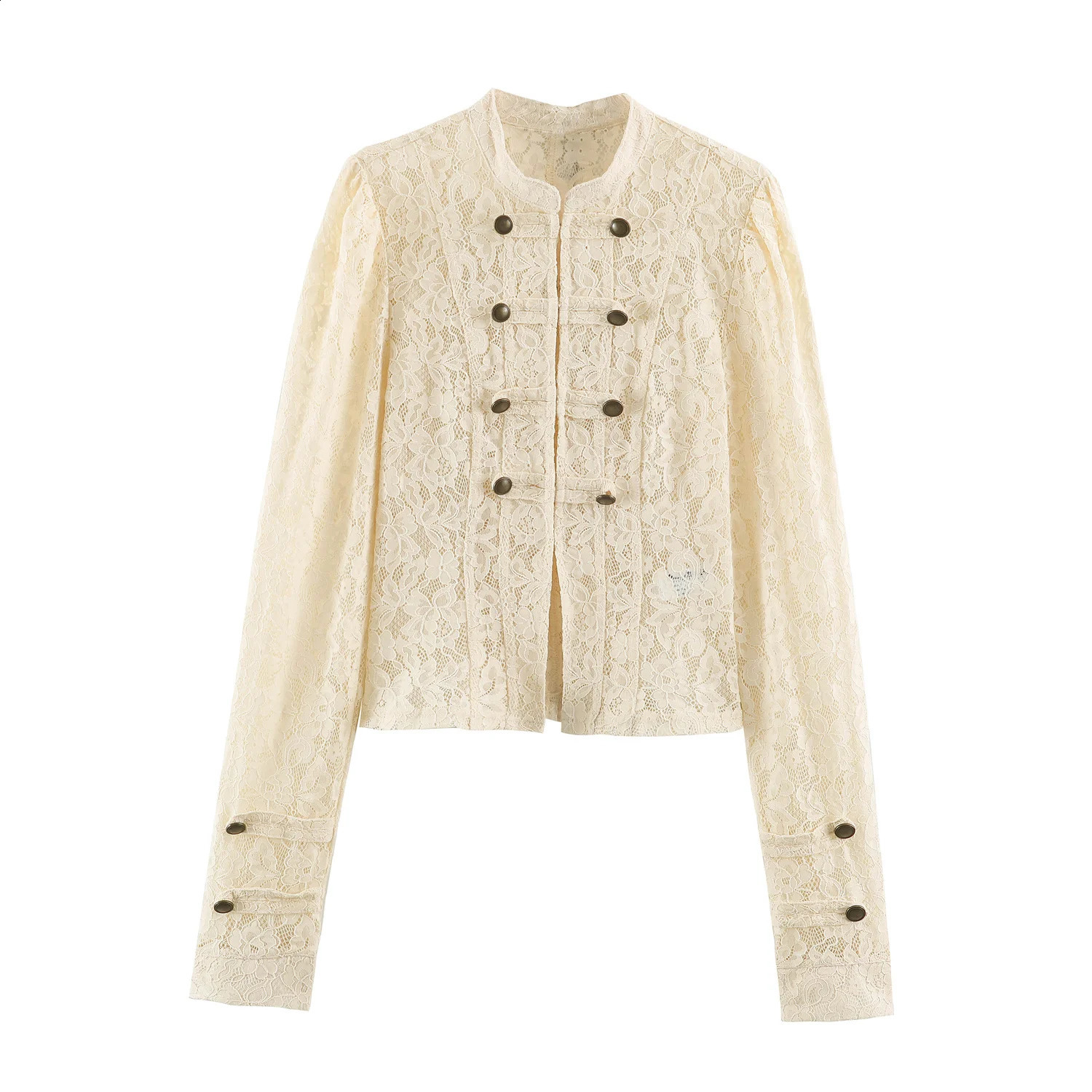 2026 Summer Autumn Womens Elegant Chinese Knotted Buttons Lace Jacket Tops Lady Chic Hollow Out Beige Stand Collar Short Coats 260916