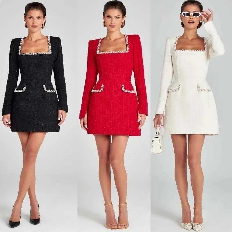 Women's Spring 2026 White Nail Bead Long Sleeve Female Dresses Lady Slim Party Club Vestido New Elegant Square Collar Mini Dress C260917