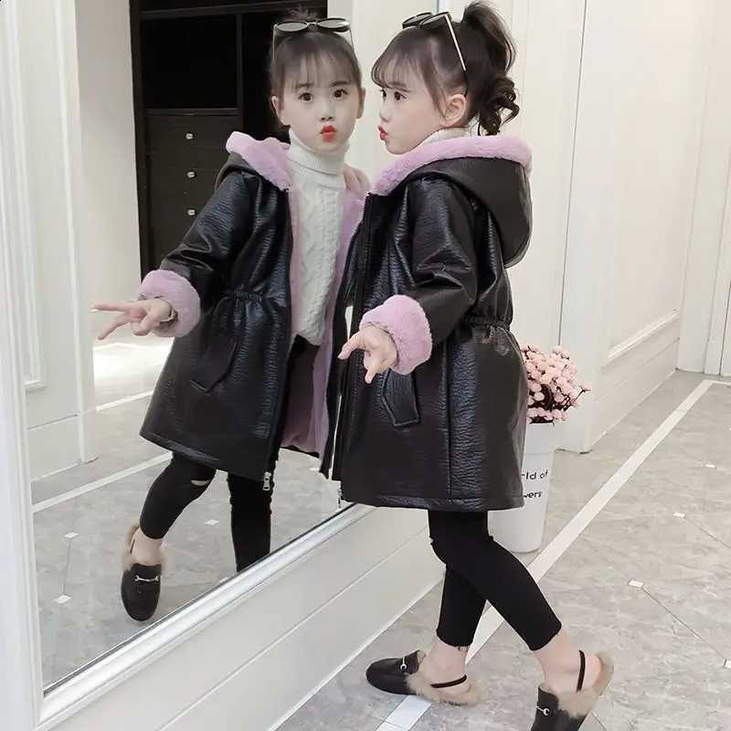 Velvet Fashion Teen Leather Girls Jackets 2025 Winter New Kids Thick Warm Cinched Long Hooded Windbreaker Coat Children Clothing J260917