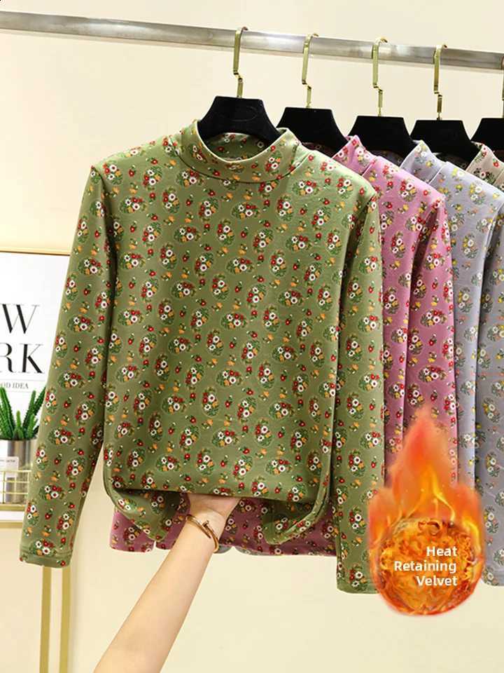 Thickened Fleece Warm Underwear Long Sleeve High Collar Thermal Top plus Size Slimming Floral Print Base Layer Shirt for Women H260916